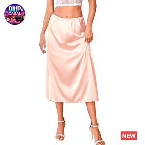 Satin Half Slip Elegant Classic Lace Trim Long Underskirt Wedding Formal